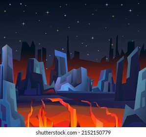 Rocks cliffs landscape. Cracked earth cracked. Lava and magma. Starry sky. Volcanic earthquake. Night scenery in mountains. Cartoon flat style. Dark twilight and dusk. Vector.