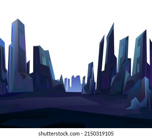 Rocks cliffs landscape. Far horizon. Night scenery in mountains. Dark twilight and dusk. Cartoon flat style. Isolated on white background. Vector