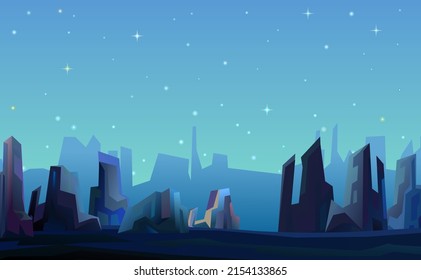 Rocks cliffs landscape. Morning soon. Night scenery in mountains. Cartoon flat style. Starry sky. Dark twilight and dusk. Vector
