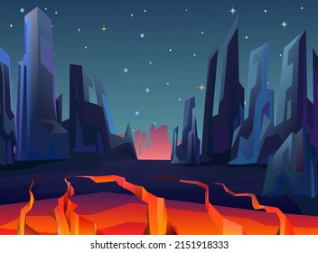 Rocks cliffs landscape. Night scenery in mountains. Starry sky. Cracked earth cracked. Lava and magma. Volcanic earthquake. Cartoon flat style. Dark twilight and dusk. Vector