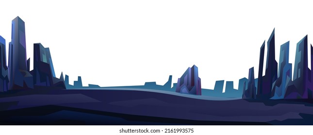 Rocks cliffs landscape. Night scenery in mountains. Far horizon. Dark twilight and dusk. Cartoon flat style. Isolated on white background. Vector.
