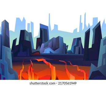 Rocks cliffs landscape. Night scenery in mountains. Cartoon flat style. Cracked earth cracked. Lava and magma. Volcanic earthquake. Isolated on white background. Vector.