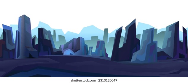 Rocks cliffs landscape. Night scenery in mountains. Seamless illustration. Dark twilight and dusk. Cartoon flat style. Vector