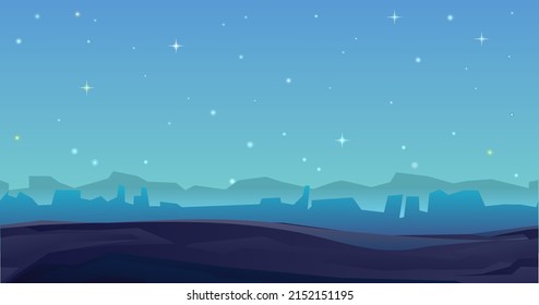 Rocks cliffs landscape. Seamless illustration. Night scenery in mountains. Cartoon flat style. Starry sky. Dark twilight and dusk. Vector.