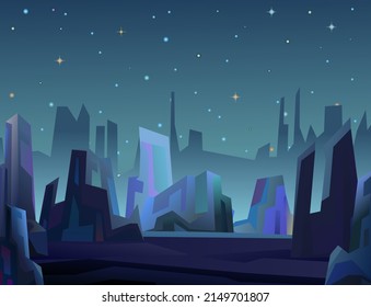Rocks cliffs landscape. Starry sky. Night scenery in mountains. Cartoon flat style. Dark twilight and dusk. Vector.