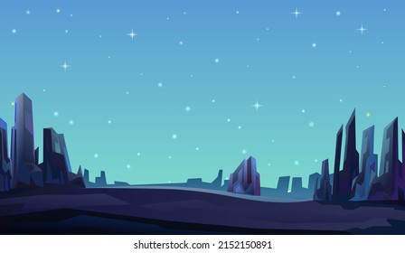 Rocks cliffs landscape. Starry sky. Night scenery in mountains. Cartoon flat style. Dark twilight and dusk. Vector.
