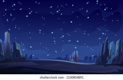 Rocks cliffs landscape. unexplored planets. Starry sky. Night scenery in mountains. Cartoon flat style. Dark twilight and dusk. Vector.