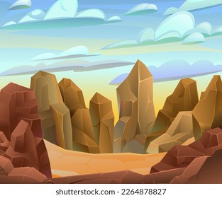 Rocks cliffs stone. Empty sand playground. Landscape mountainous. Natural land desert. Cartoon style illustration. Vector.