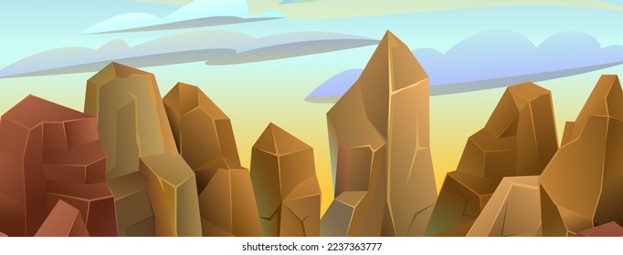 Felsen Klippen Stein. Morgen Himmel. Landschaft bergig. Naturlandwüste. Illustration im Cartoon-Stil. Vektorgrafik.