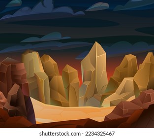 Felsen Klippen Stein. Dunkler Nachthimmel. Landschaft bergig. Naturlandwüste. Illustration im Cartoon-Stil. Vektorgrafik