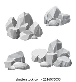 Rocks and debris of the mountain. granite cobbles, boulders on white background. heap of cobblestones. gray stones of various shapes. cartoon style vector illustration. for games ui or graphic design.