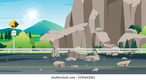 Rocks falling on the highway with stone warning signs.