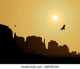   Rocks. Flying eagles. Yellow sky. Sunset . 