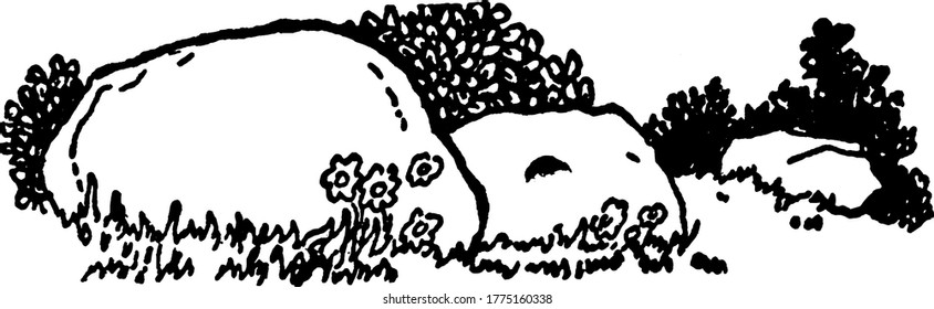 A rocks in a grassy field, vintage line drawing or engraving illustration.