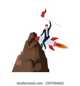 rocks hill and businessman on rocket over white background, colorful design, vector illustration