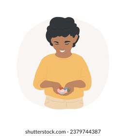 Rocks isolated cartoon vector illustration. Happy boy with handful of colorful rocks, holding gemstones, lifestyle and hobby, hands-on activity, young nature lover, geology vector cartoon.