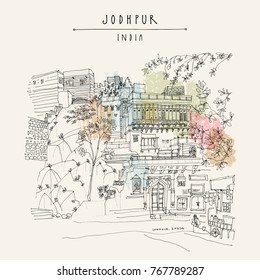 Rocks in Jodhpur Blue City, Rajasthan, India. Artistic travel sketch. Hand drawn postcard, poster, book illustration in vector
