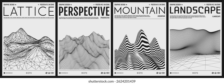 Rocks, mountains and hills. Mountain peak. Surreal and psychedelic striped landscape background. Terrain. Cyberspace grid. Cover design template. 3D vector for brochure, presentation, flyer or banner.