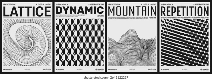 Rocks, mountains and hills. Surreal landscape background. Terrain. Cyberspace grid. Geometric pattern. A three-dimensional shape curled into a circle. Cover design template for brochure, poster, flyer