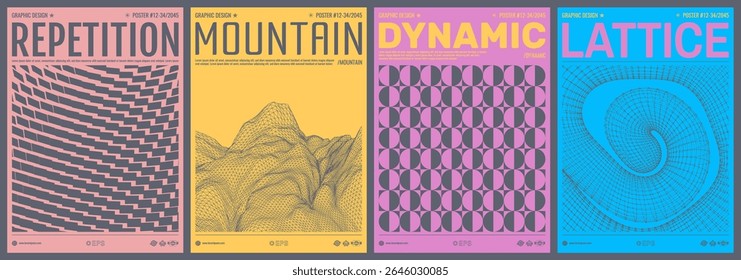 Rocks, mountains and hills. Surreal landscape background. Terrain. Cyberspace grid. Geometric pattern. A three-dimensional shape curled into a circle. Cover design template for brochure, poster, flyer