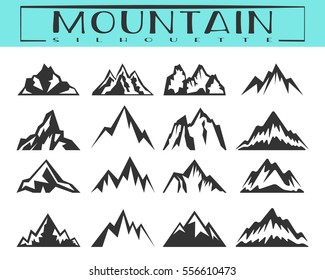 Rocks and mountains silhouettes for logo, icons, badges and labels. Camping, climbing, hiking, travel and outdoor recreation symbol. T-shirt print design. Vector illustration.