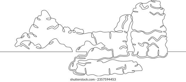 Rocks near the water.Mountains and lake.Landscape.Bay.Seashore.One continuous line. Linear. Hand drawn, white background.