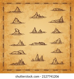 Rocks  outliers  reefs   shallows sketch  ancient map elements  vector  Ocean island stones   sea landscape rocks and coast shore cliffs   mountains in water waves  sketch engravings