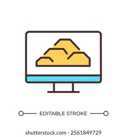 Rocks pile on computer monitor RGB color icon. Digital technology in deposit ore exploration. Mineral data analysis. Isolated vector illustration. Simple filled line drawing. Editable stroke