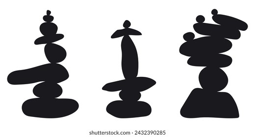 Rocks piled in balanced stacks. Balance stones. Balanced pebbles isolated on white background. Black rock balancing illustration. Silhouettes counterbalance set of rocks.