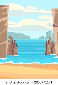 Rocas en el mar. Acantilados en el agua del océano. Ilustración de una capa marina de estilo plano. Composición vertical. Playa de arena con línea de surf. Vector