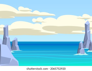 Rocas en el mar. Acantilados en el agua del océano. Ilustración de un paisaje marino de verano en un estilo plano. Vector