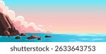 Rocks in the sea, seascape vector illustration. Sea rocks on sunset background. Stones in the sea. Ocean rocky shore landscape with beautiful blue water and pink clouds at sunset.