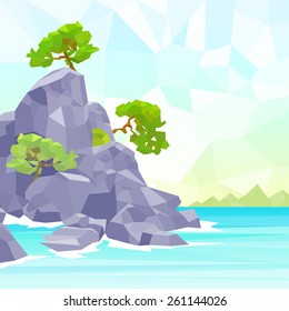 rocks sea shore with tree polygon graphic vector illustration
