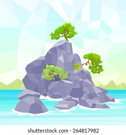 rocks sea shore with tree polygon graphic vector illustration