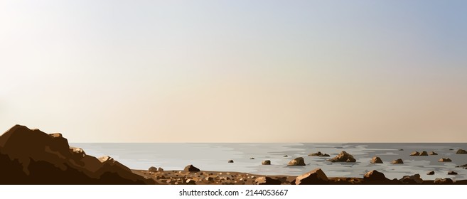 Rocks and sea. Sunset. Vector illustration. 