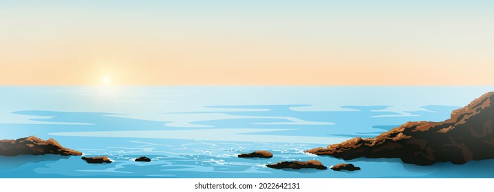 Rocks and sea, vector illustration. Sunset.