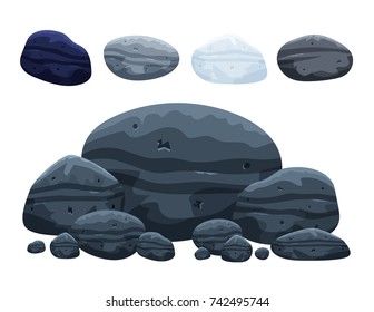 Rocks and stones cartoon set. Single or piled for damage and rubble for game art architecture design