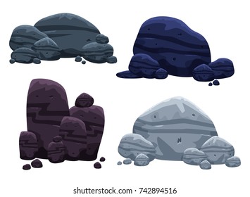Rocks and stones cartoon set. Single or piled for damage and rubble for game art architecture design