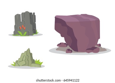 Rocks and stones elements collection set. Vector illustration of solid materials. Cartoon stones in different colors.