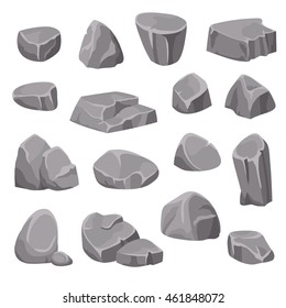 Rocks and stones flat isolated elements different shapes and shades of gray on white background isometric vector illustration  