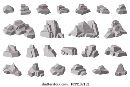 Rocks and stones. Granite mountain pebble, grey stone heap, stone gravel rock isolated vector illustration icons set. Different boulders for wall and mountain, game concept. Huge blocks