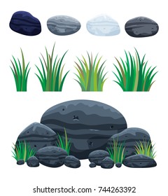 Rocks stones and grass cartoon set. Single or piled for damage and rubble for game art architecture design