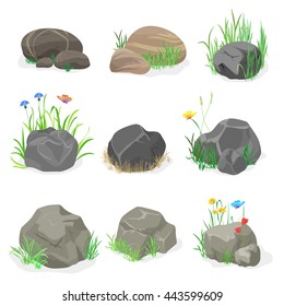 Rocks and stones with grass, flowers and butterfly collection set. Cartoon rock stone icons