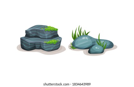 Rocks and Stones with Green Grass Vector Set