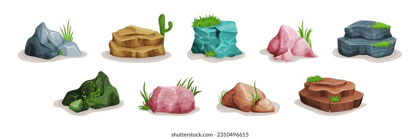 Rocas y piedras con conjunto de vectores de hierba verde