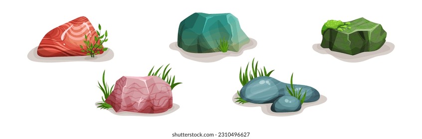 Rocks and Stones with Green Grass Vector Set