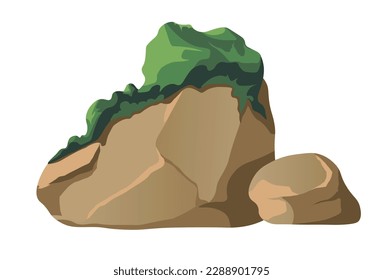 Rocks or stones grown with moss. Forest or woods damp and moist habitats for vegetation. Flowerless plant on massive decorative objects for parks. Nature and wilderness. Vector in flat style