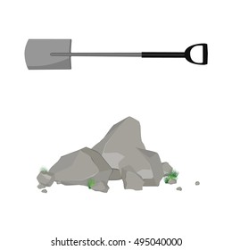 Rocks and stones piled for damage and rubble for game art architecture design. Rock, stone and shovel cartoon icon