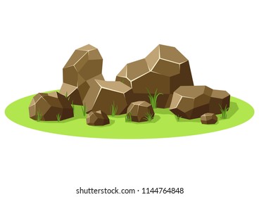 Rocks and stones piled on green grass. Stones and rocks in isometric 3d flat style. Set different shapes and sized boulders for background natural landscape and game. Vector illustration