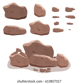 Rocks, stones set in cartoon style. Twelve isometric 3d boulders. Vector illustration